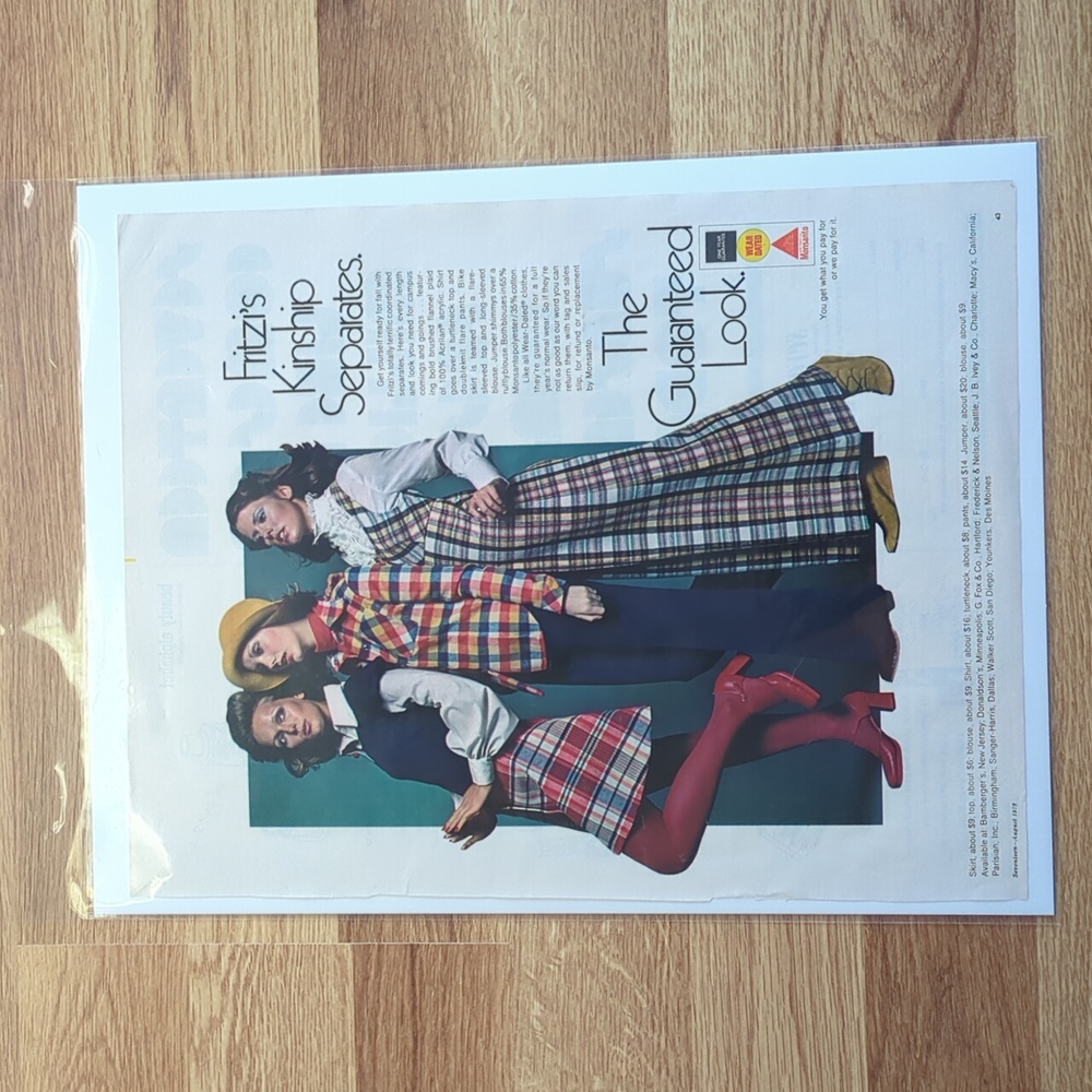 Vintage 1972 Seventeen Magazine Ad, Plaid Monsanto, Retro 70s Wall Hanging